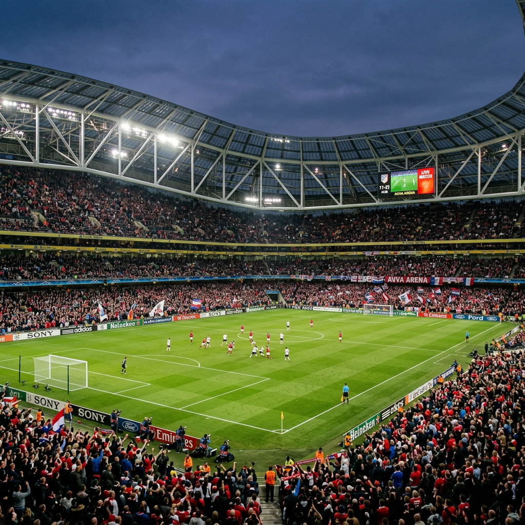 Football players on pitch with large crowd in a stadium during a match