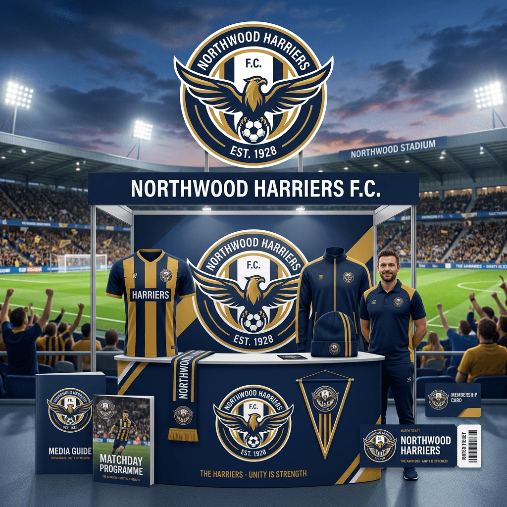Northwood Harriers football club merchandise stand including jersey, jacket, scarf, hat, pennant, media guide, matchday programme, membership card, and season ticket with man standing beside it